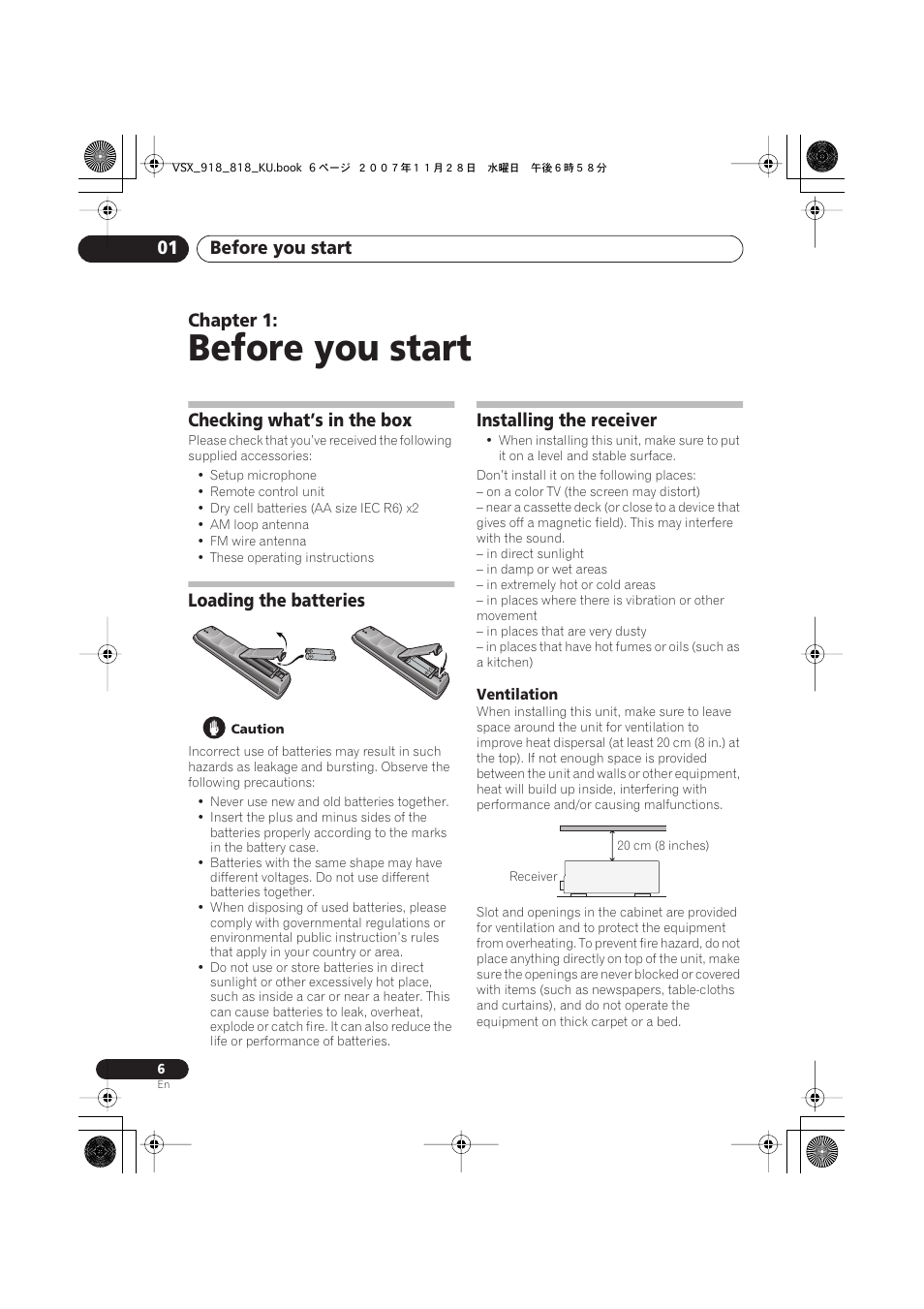 Checking what’s in the box, Loading the batteries, Installing the receiver | Ventilation, Before you start, Before you start 01, Chapter 1 | Pioneer XRB3089-A User Manual | Page 6 / 76