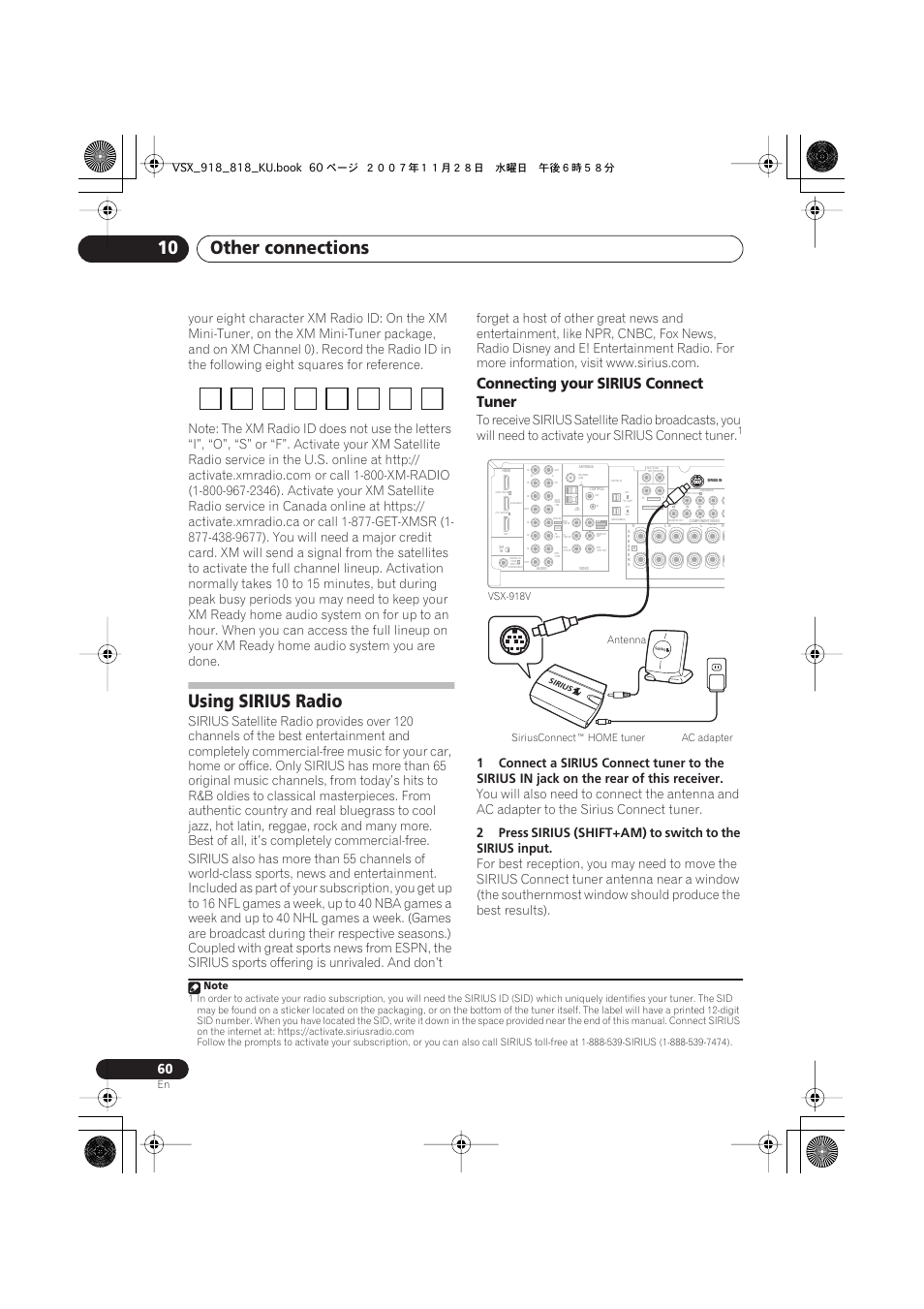 Using sirius radio, Connecting your sirius connect tuner, Other connections 10 | 1connect a sirius connect tuner to the, Sirius in, Jack on the rear of this receiver, 2press, Sirius (shift+am), Siriusconnect™ home tuner antenna ac adapter, Vsx-918v | Pioneer XRB3089-A User Manual | Page 60 / 76