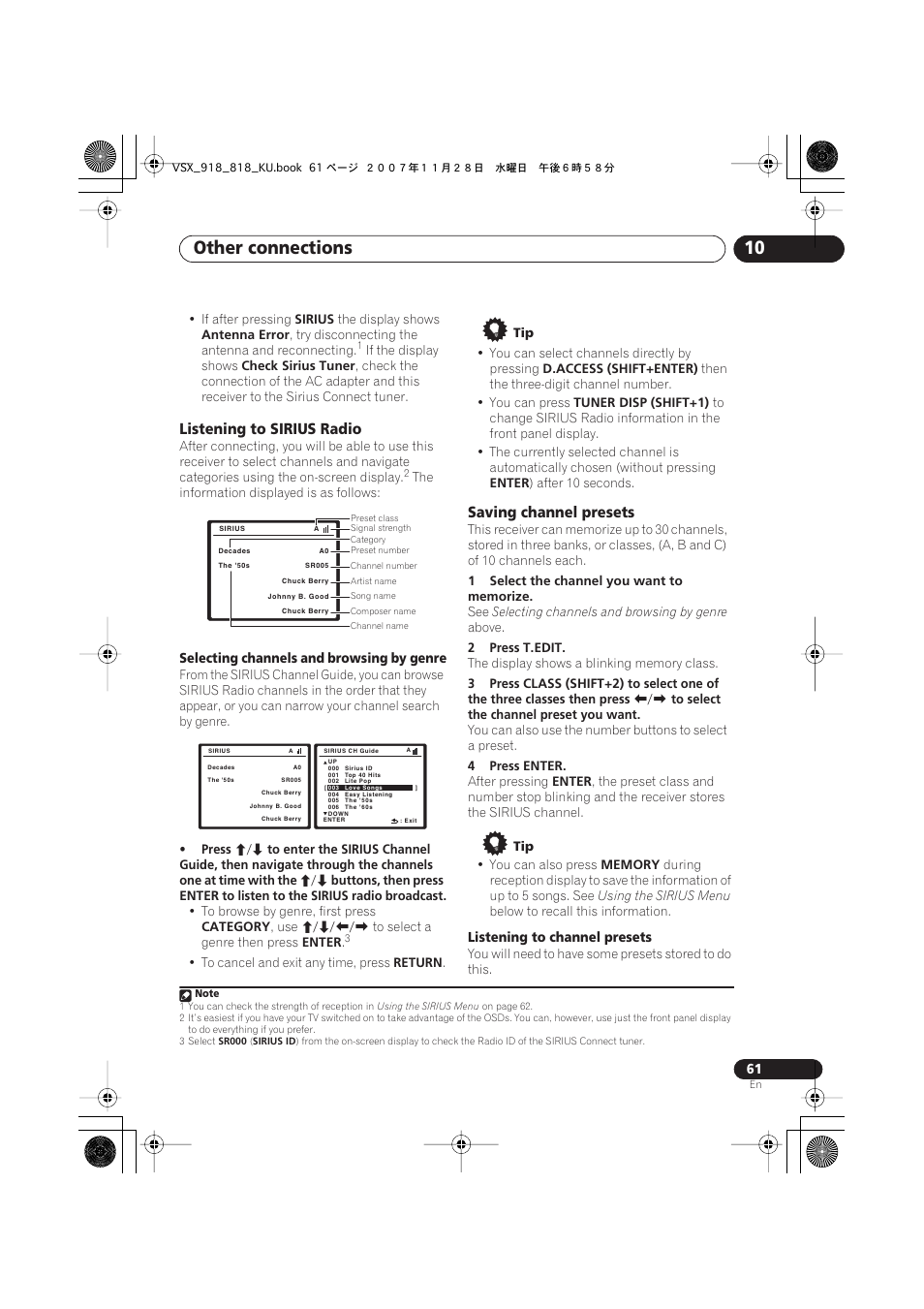 Listening to sirius radio, Saving channel presets, Other connections 10 | Pioneer XRB3089-A User Manual | Page 61 / 76