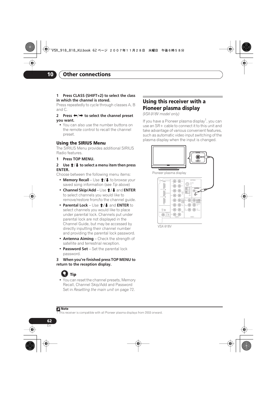 Using the sirius menu, Using this receiver with a pioneer plasma display, Other connections 10 | Pioneer XRB3089-A User Manual | Page 62 / 76