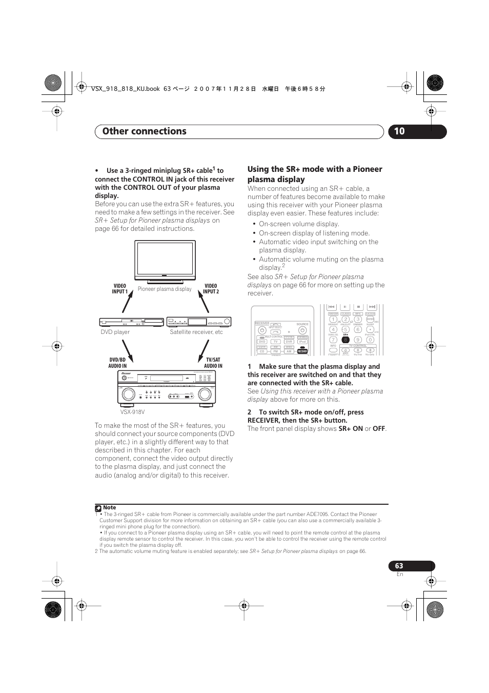 Using the sr+ mode with a pioneer plasma display, Other connections 10 | Pioneer XRB3089-A User Manual | Page 63 / 76