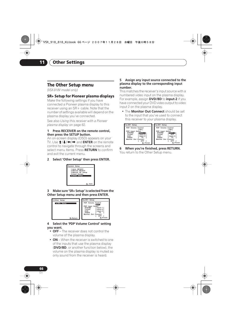 The other setup menu, Sr+ setup for pioneer plasma displays, Other settings 11 | Pioneer XRB3089-A User Manual | Page 66 / 76
