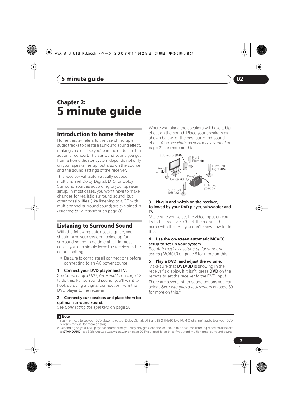 Introduction to home theater, Listening to surround sound, 5 minute guide | 5 minute guide 02, Chapter 2 | Pioneer XRB3089-A User Manual | Page 7 / 76