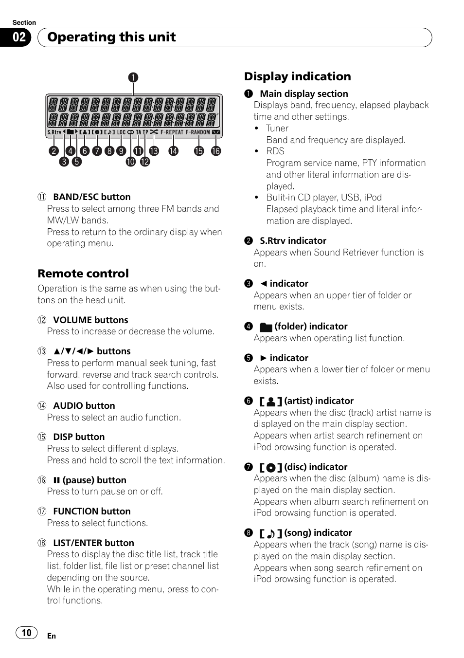 Remote control 10, Display indication 10, Operating this unit | Pioneer DEH-P6000UB User Manual | Page 10 / 120