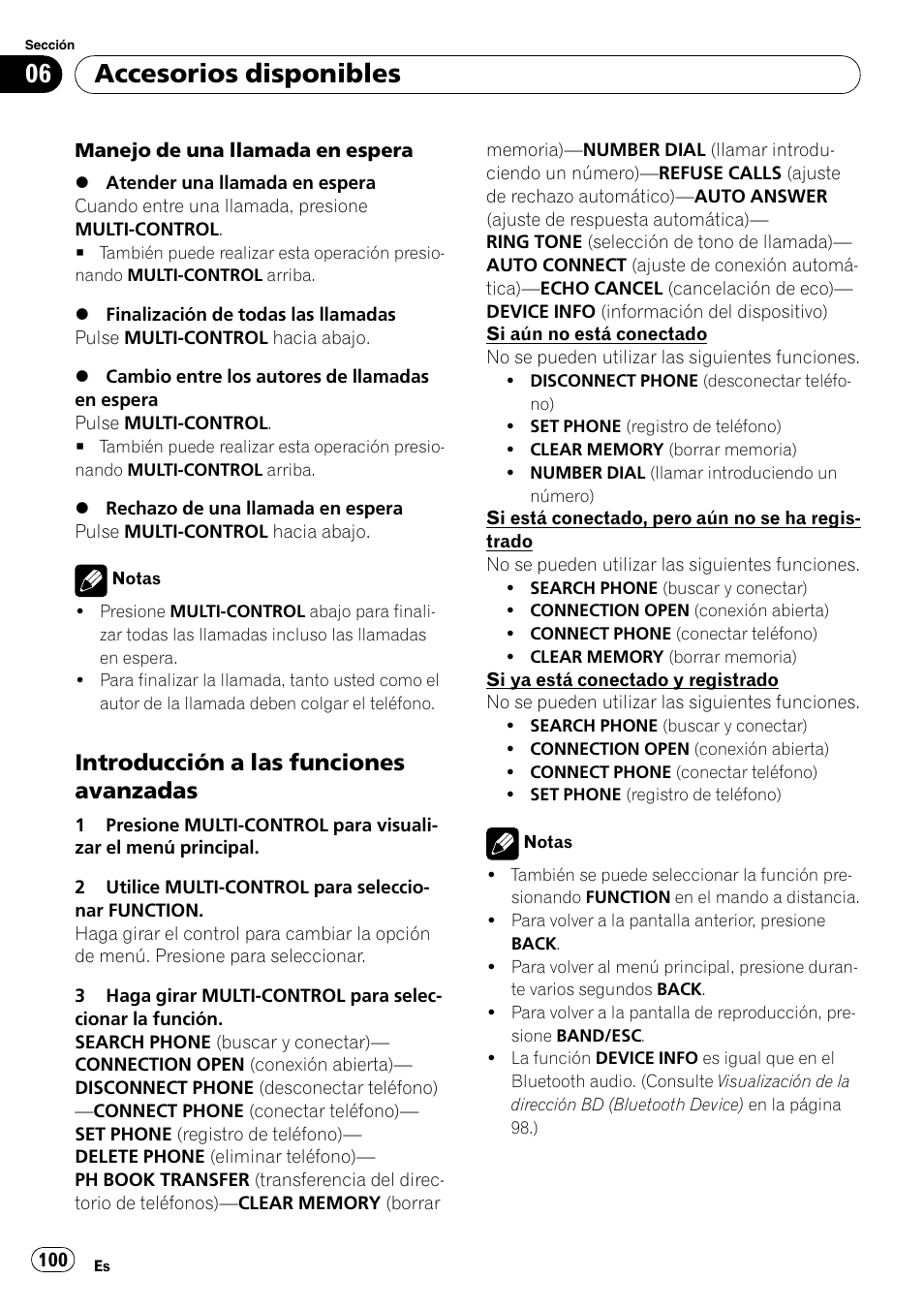 Introducción a las funciones, Avanzadas, Accesorios disponibles | Introducción a las funciones avanzadas | Pioneer DEH-P6000UB User Manual | Page 100 / 120