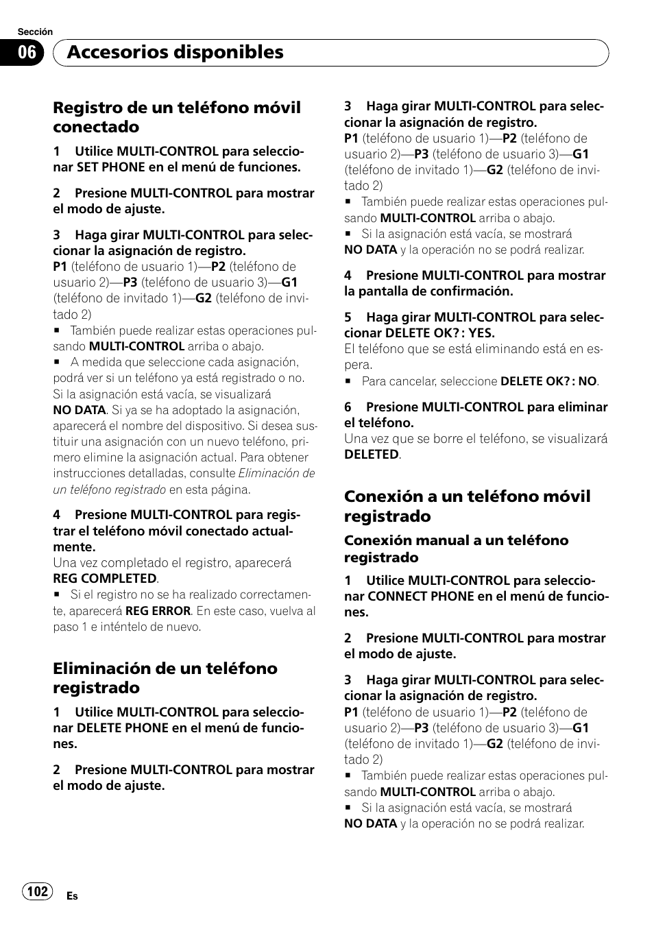Registro de un teléfono móvil, Conectado, Eliminación de un teléfono | Registrado, Conexión a un teléfono móvil, Accesorios disponibles, Registro de un teléfono móvil conectado, Eliminación de un teléfono registrado, Conexión a un teléfono móvil registrado | Pioneer DEH-P6000UB User Manual | Page 102 / 120
