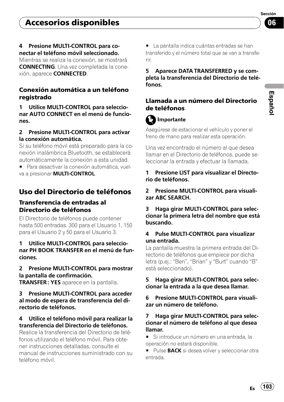 Uso del directorio de teléfonos 103, Accesorios disponibles, Uso del directorio de teléfonos | Pioneer DEH-P6000UB User Manual | Page 103 / 120
