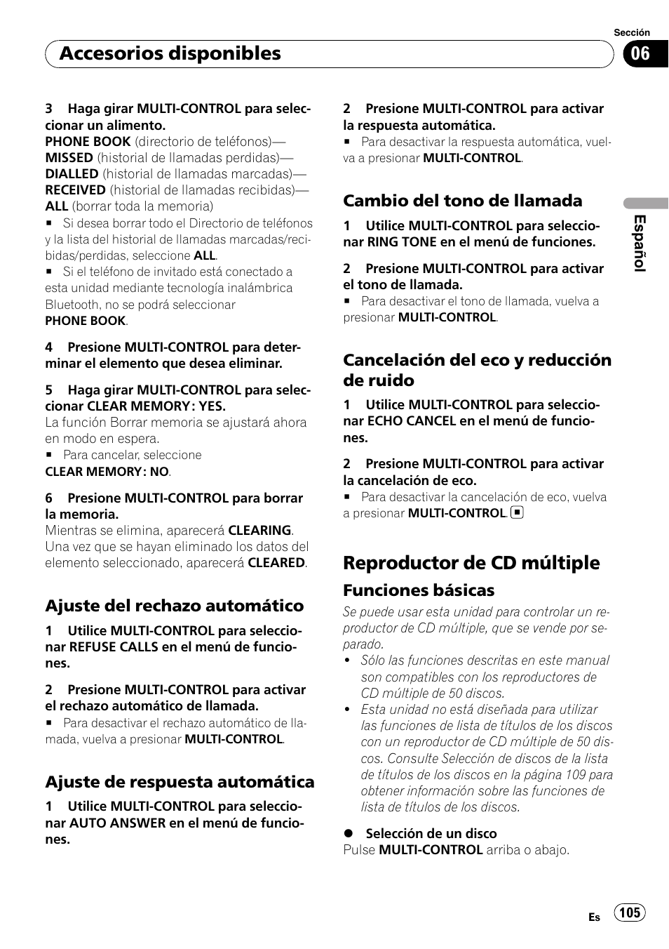 Ajuste del rechazo automático 105, Ajuste de respuesta automática 105, Cambio del tono de llamada 105 | Cancelación del eco y reducción de, Ruido, Reproductor de cd múltiple, Funciones básicas 105, Accesorios disponibles, Ajuste del rechazo automático, Ajuste de respuesta automática | Pioneer DEH-P6000UB User Manual | Page 105 / 120