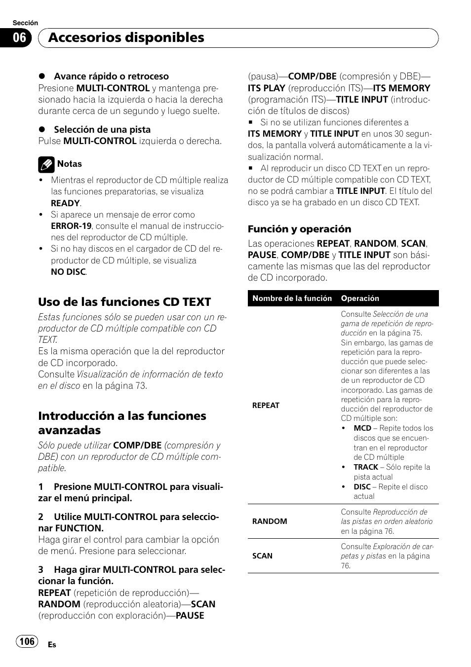 Uso de las funciones cd text 106, Introducción a las funciones, Avanzadas | Accesorios disponibles, Uso de las funciones cd text, Introducción a las funciones avanzadas | Pioneer DEH-P6000UB User Manual | Page 106 / 120