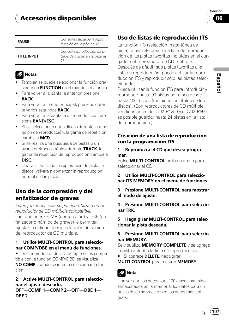Uso de la compresión y del enfatizador, De graves, Uso de listas de reproducción its 107 | Accesorios disponibles, Uso de la compresión y del enfatizador de graves, Uso de listas de reproducción its | Pioneer DEH-P6000UB User Manual | Page 107 / 120