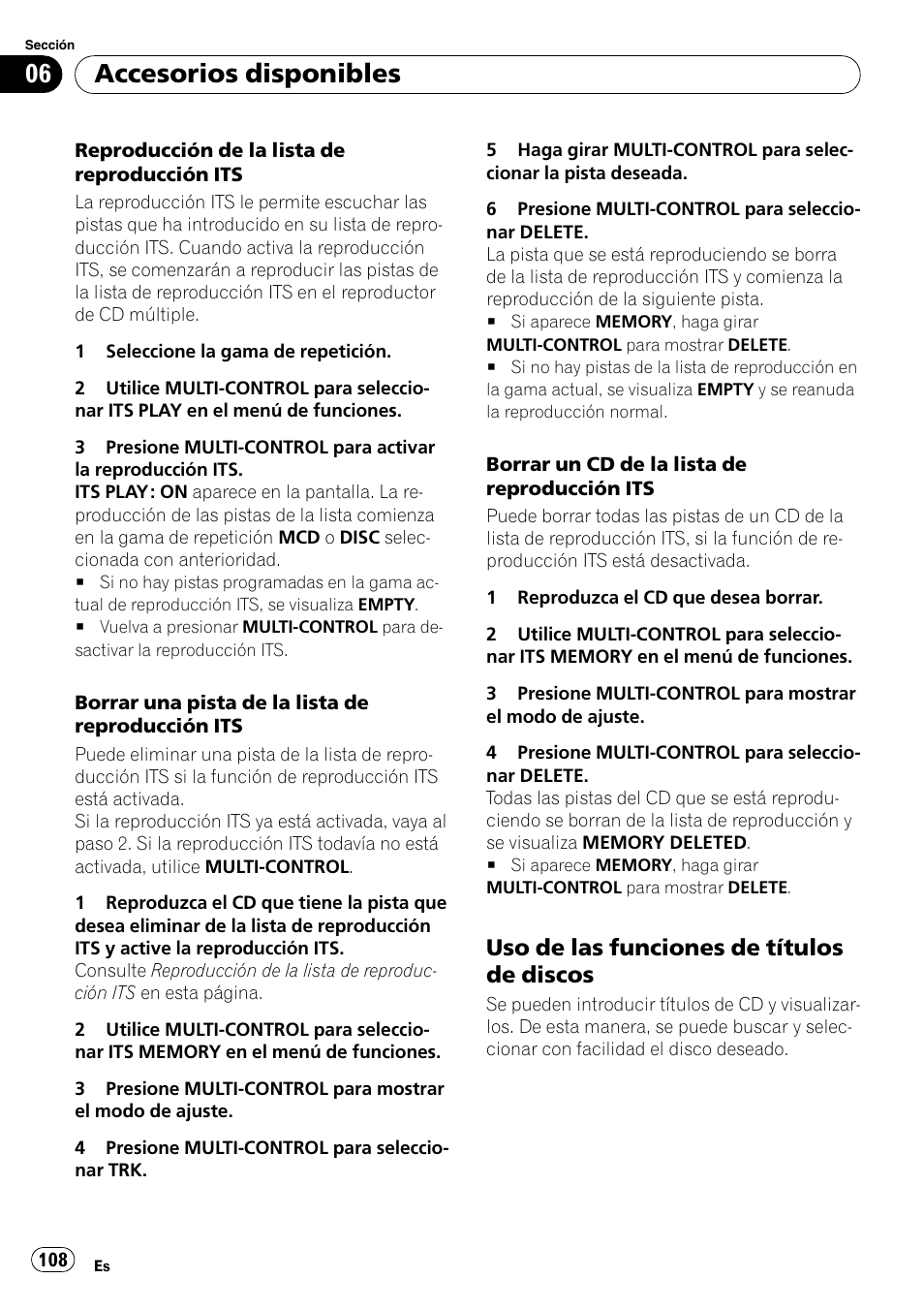 Uso de las funciones de títulos de, Discos, Accesorios disponibles | Uso de las funciones de títulos de discos | Pioneer DEH-P6000UB User Manual | Page 108 / 120