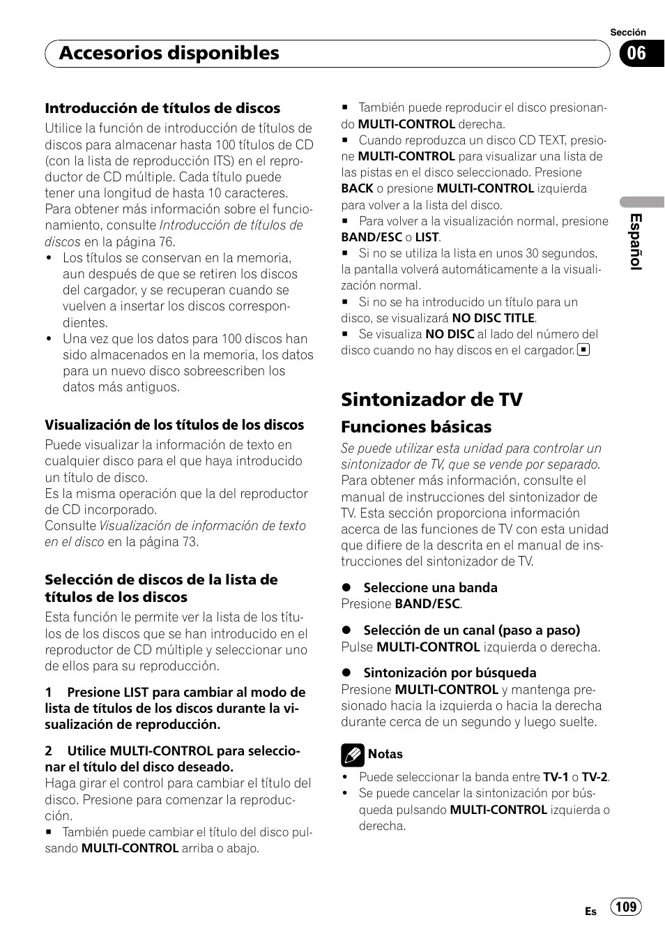 Sintonizador de tv, Funciones básicas 109, Accesorios disponibles | Funciones básicas | Pioneer DEH-P6000UB User Manual | Page 109 / 120