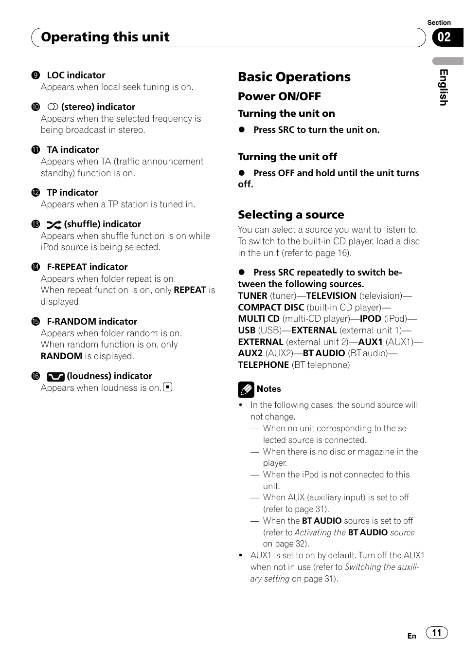 Basic operations, Power on/off 11, Selecting a source 11 | Operating this unit, Power on/off, Selecting a source | Pioneer DEH-P6000UB User Manual | Page 11 / 120