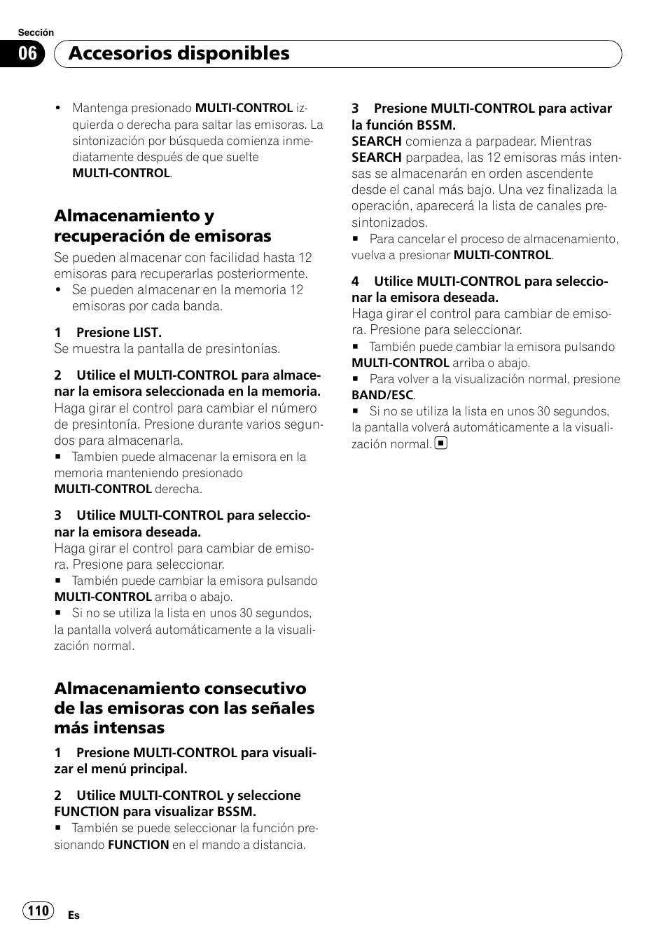 Almacenamiento y recuperación de, Emisoras, Almacenamiento consecutivo de las | Emisoras con las señales más intensas, Accesorios disponibles, Almacenamiento y recuperación de emisoras | Pioneer DEH-P6000UB User Manual | Page 110 / 120