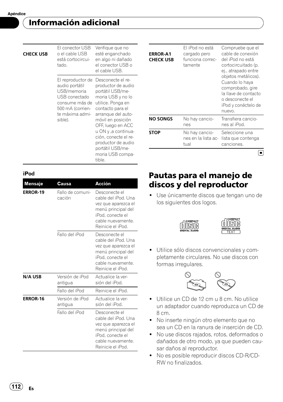 Pautas para el manejo de discos y del, Reproductor, Pautas para el manejo de discos y del reproductor | Información adicional | Pioneer DEH-P6000UB User Manual | Page 112 / 120