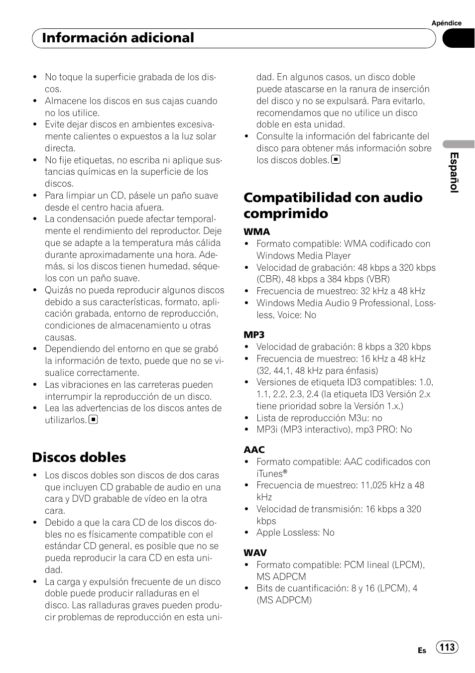 Discos dobles, Compatibilidad con audio comprimido, Información adicional | Pioneer DEH-P6000UB User Manual | Page 113 / 120