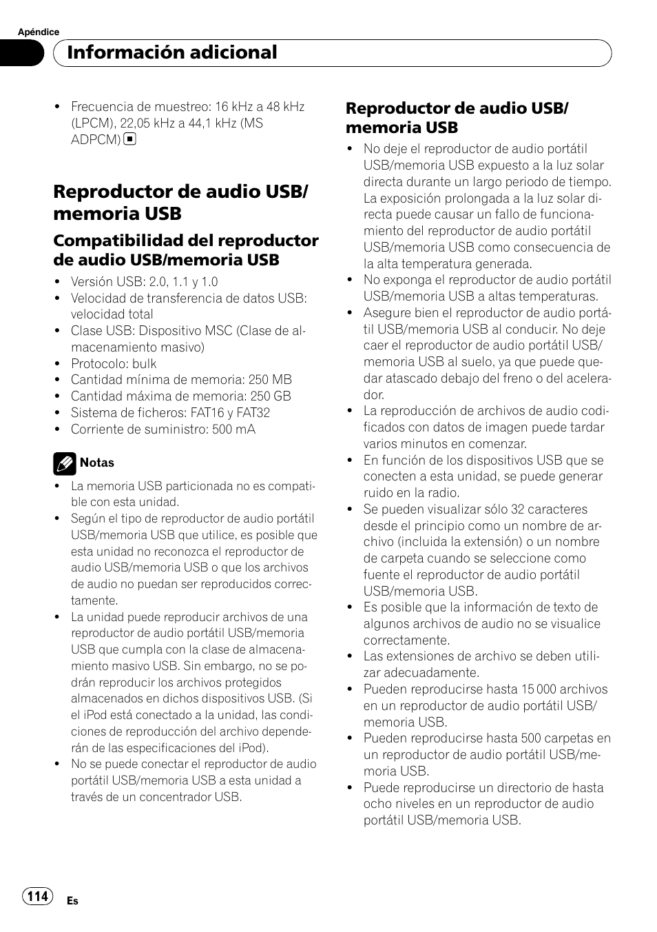 Reproductor de audio usb/memoria, Compatibilidad del reproductor de, Audio usb/memoria usb | Información adicional | Pioneer DEH-P6000UB User Manual | Page 114 / 120