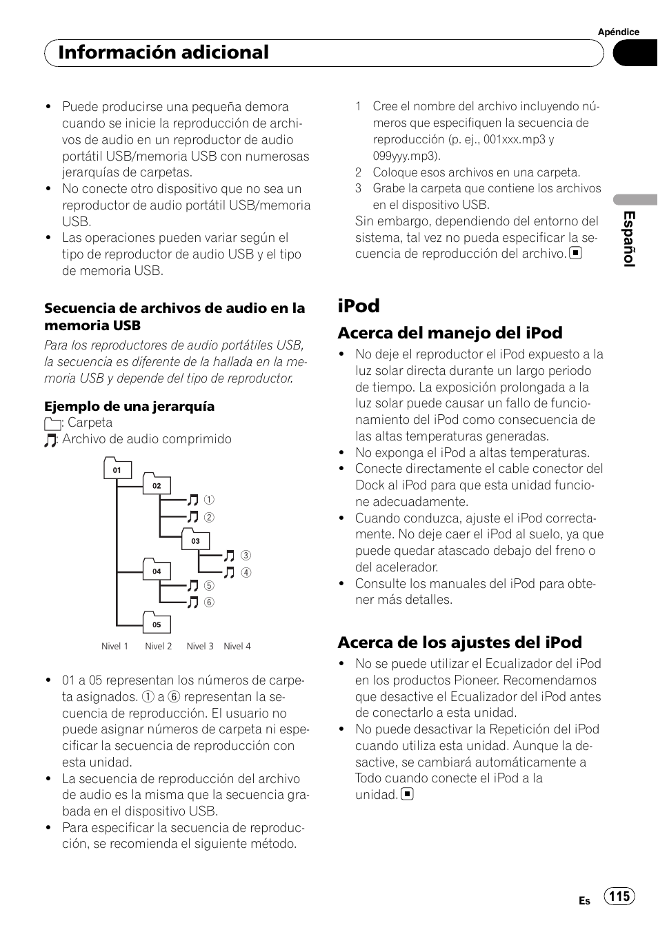Ipod, Acerca del manejo del ipod 115, Acerca de los ajustes del ipod 115 | La pági, Na 115, Información adicional, Acerca del manejo del ipod, Acerca de los ajustes del ipod | Pioneer DEH-P6000UB User Manual | Page 115 / 120