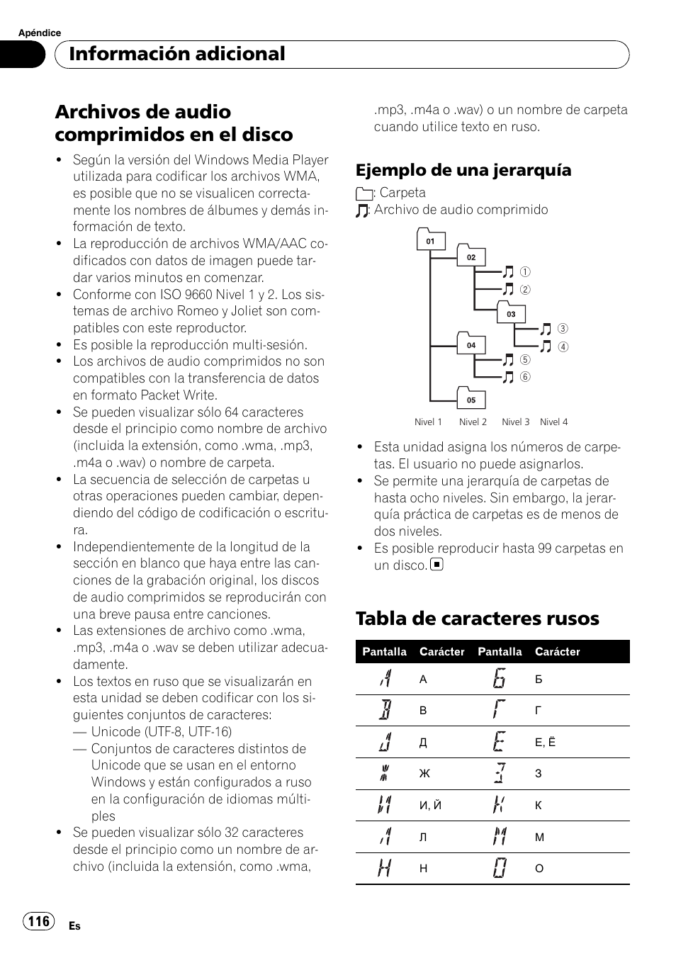 Archivos de audio comprimidos en el, Disco, Ejemplo de una jerarquía 116 | Tabla de caracteres rusos, Archivos de audio comprimidos en el disco, Información adicional, Ejemplo de una jerarquía | Pioneer DEH-P6000UB User Manual | Page 116 / 120