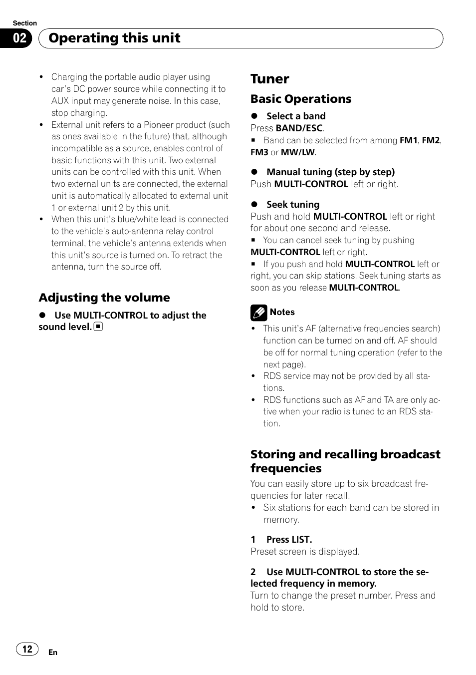 Adjusting the volume 12, Tuner, Basic operations 12 | Storing and recalling broadcast, Frequencies, Operating this unit, Adjusting the volume, Basic operations, Storing and recalling broadcast frequencies | Pioneer DEH-P6000UB User Manual | Page 12 / 120