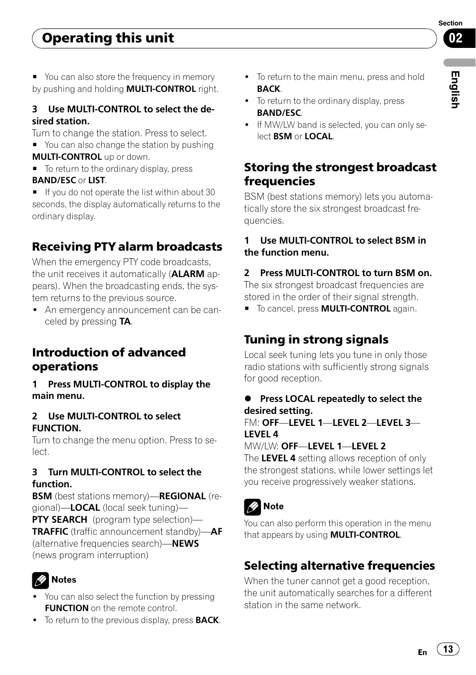 Receiving pty alarm broadcasts 13, Introduction of advanced, Operations | Storing the strongest broadcast, Frequencies, Tuning in strong signals 13, Selecting alternative frequencies 13, Operating this unit, Receiving pty alarm broadcasts, Introduction of advanced operations | Pioneer DEH-P6000UB User Manual | Page 13 / 120