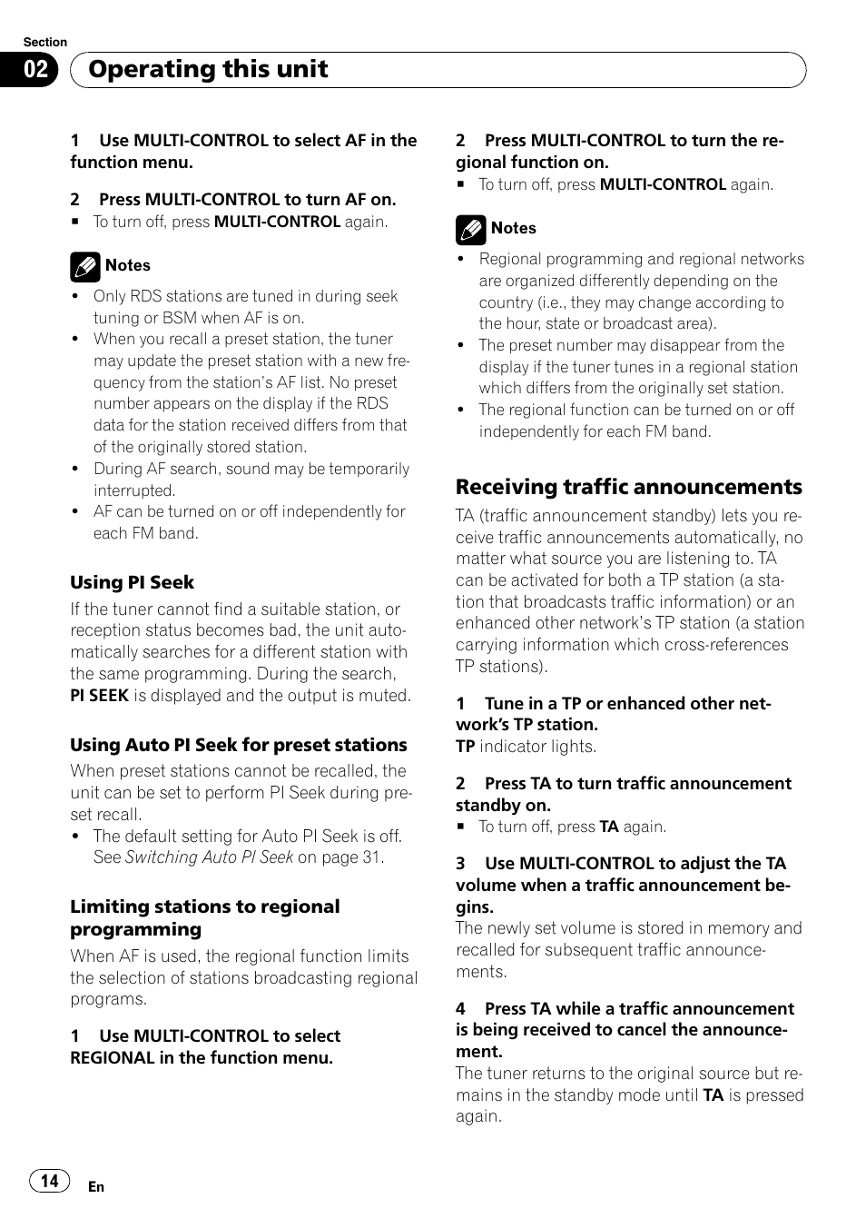 Receiving traffic announcements 14, Operating this unit, Receiving traffic announcements | Pioneer DEH-P6000UB User Manual | Page 14 / 120