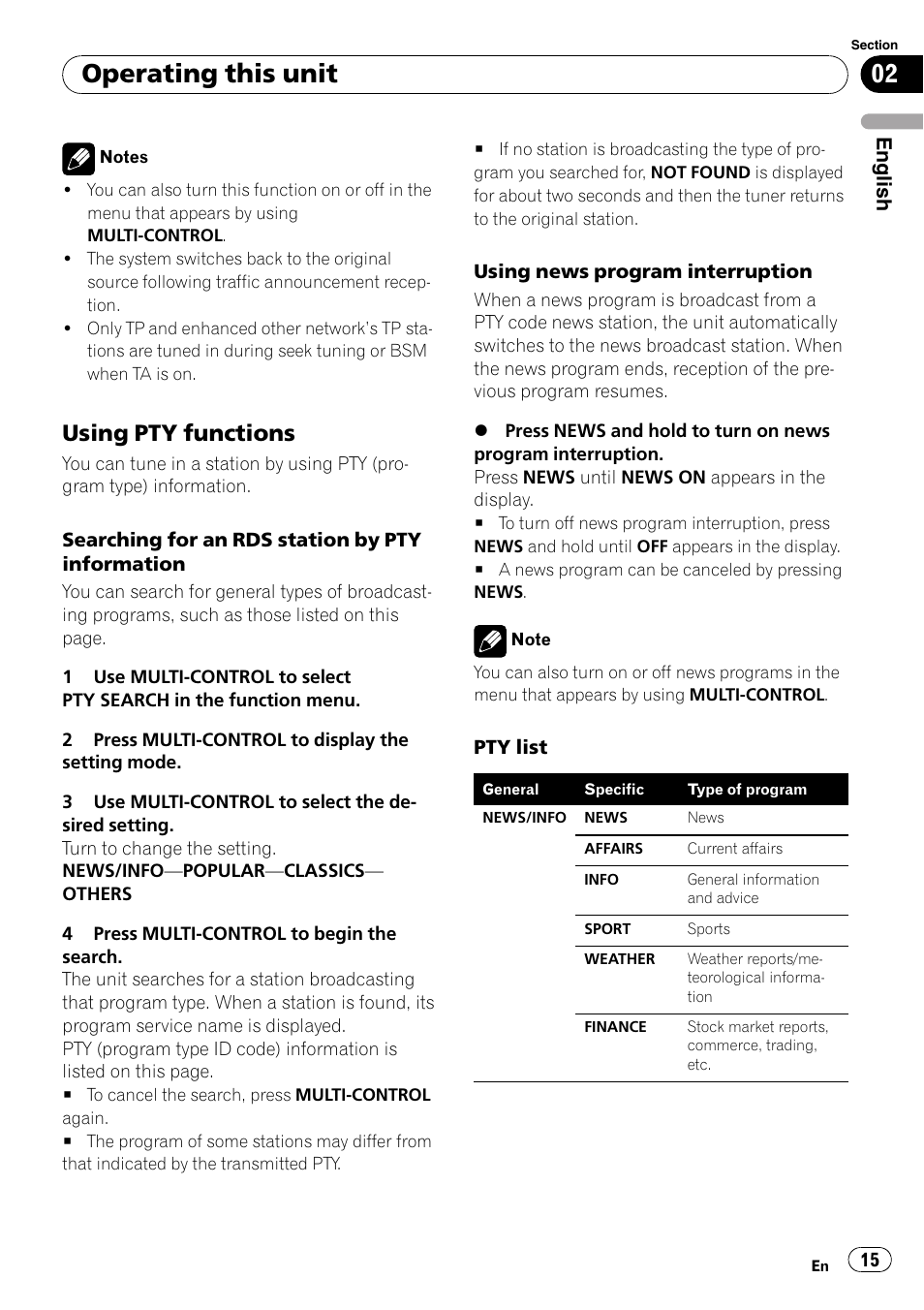Using pty functions 15, Operating this unit, Using pty functions | Pioneer DEH-P6000UB User Manual | Page 15 / 120
