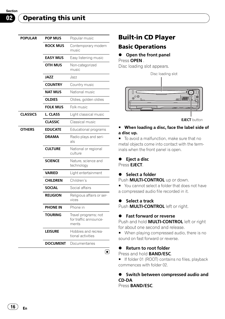 Built-in cd player, Basic operations 16, Operating this unit | Basic operations | Pioneer DEH-P6000UB User Manual | Page 16 / 120