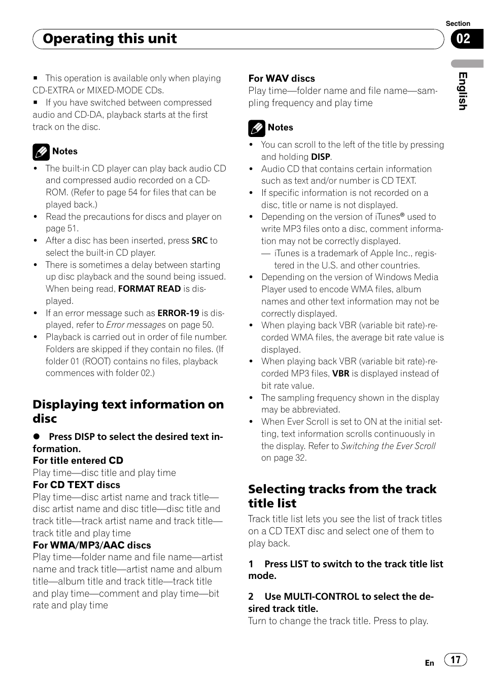 Displaying text information on disc 17, Selecting tracks from the track title, List | Operating this unit, Displaying text information on disc, Selecting tracks from the track title list | Pioneer DEH-P6000UB User Manual | Page 17 / 120