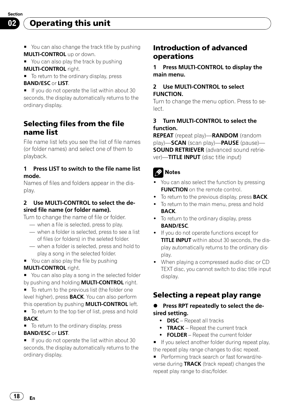 Selecting files from the file name, List, Introduction of advanced | Operations, Selecting a repeat play range 18, Operating this unit, Selecting files from the file name list, Introduction of advanced operations, Selecting a repeat play range | Pioneer DEH-P6000UB User Manual | Page 18 / 120
