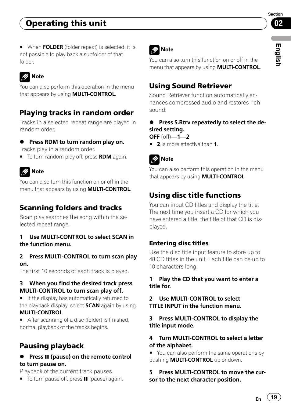 Playing tracks in random order 19, Scanning folders and tracks 19, Pausing playback 19 | Using sound retriever 19, Using disc title functions 19, Operating this unit, Playing tracks in random order, Scanning folders and tracks, Pausing playback, Using sound retriever | Pioneer DEH-P6000UB User Manual | Page 19 / 120
