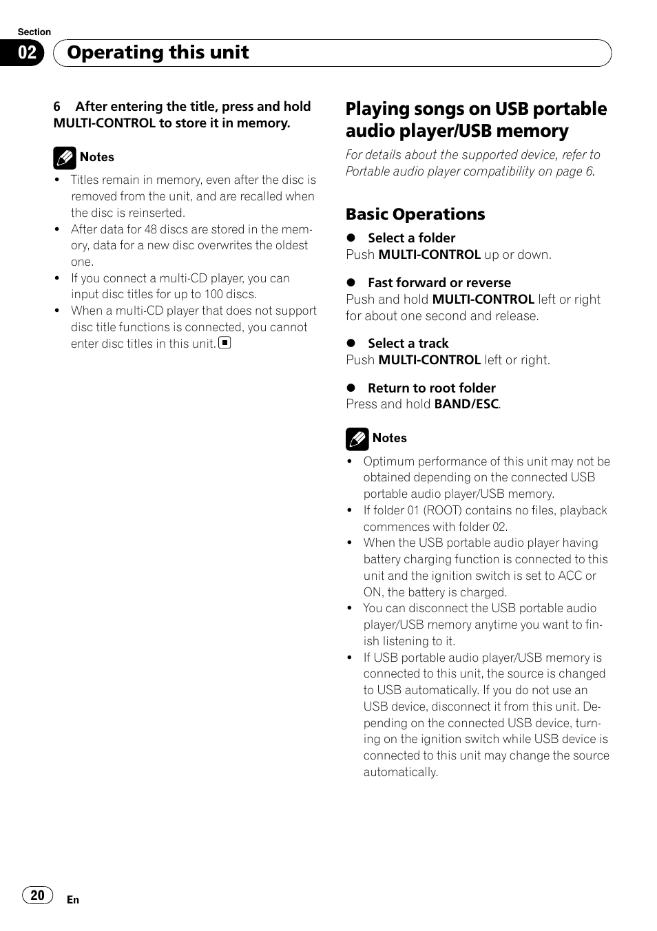 Playing songs on usb portable audio player, Usb memory, Basic operations 20 | Operating this unit, Basic operations | Pioneer DEH-P6000UB User Manual | Page 20 / 120