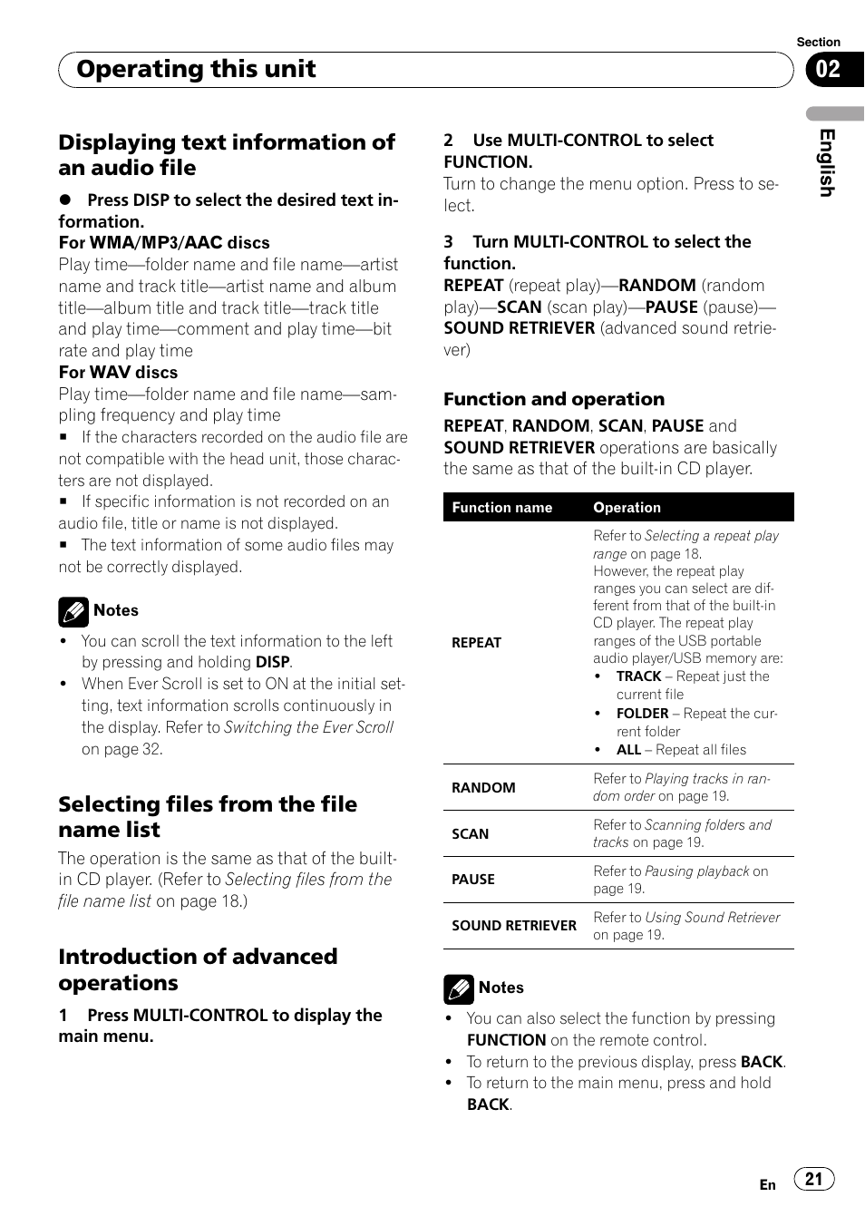 Displaying text information of an audio, File, Selecting files from the file name | List, Introduction of advanced, Operations, Operating this unit, Displaying text information of an audio file, Selecting files from the file name list, Introduction of advanced operations | Pioneer DEH-P6000UB User Manual | Page 21 / 120
