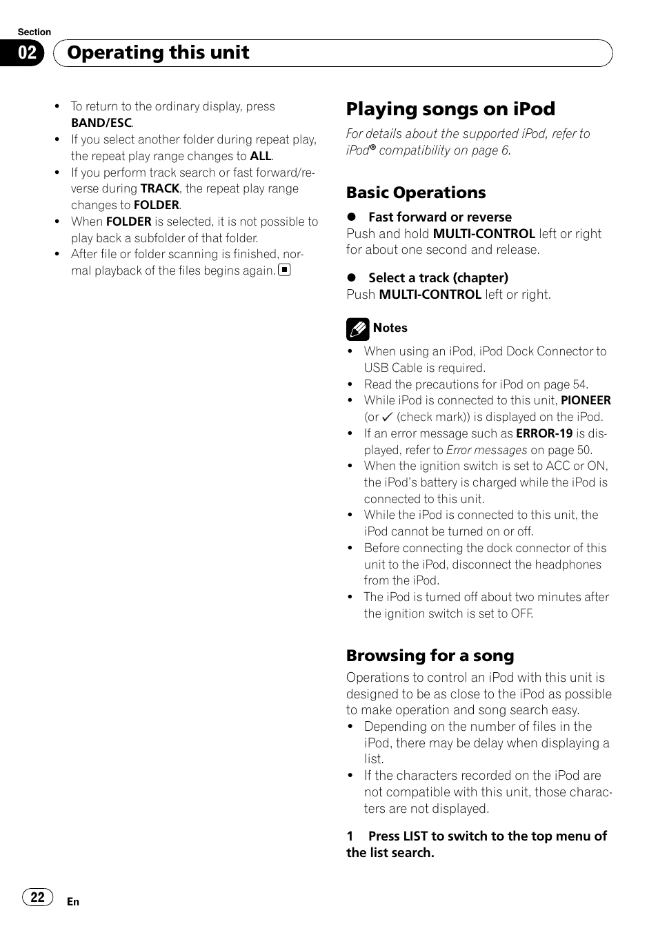 Playing songs on ipod, Basic operations 22, Browsing for a song 22 | Operating this unit, Basic operations, Browsing for a song | Pioneer DEH-P6000UB User Manual | Page 22 / 120