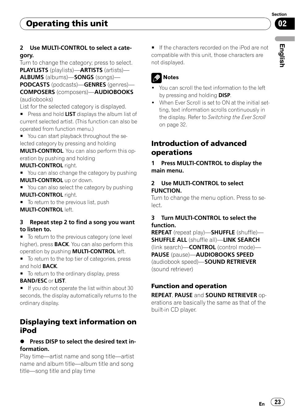 Displaying text information on, Ipod, Introduction of advanced | Operations, Operating this unit, Displaying text information on ipod, Introduction of advanced operations | Pioneer DEH-P6000UB User Manual | Page 23 / 120