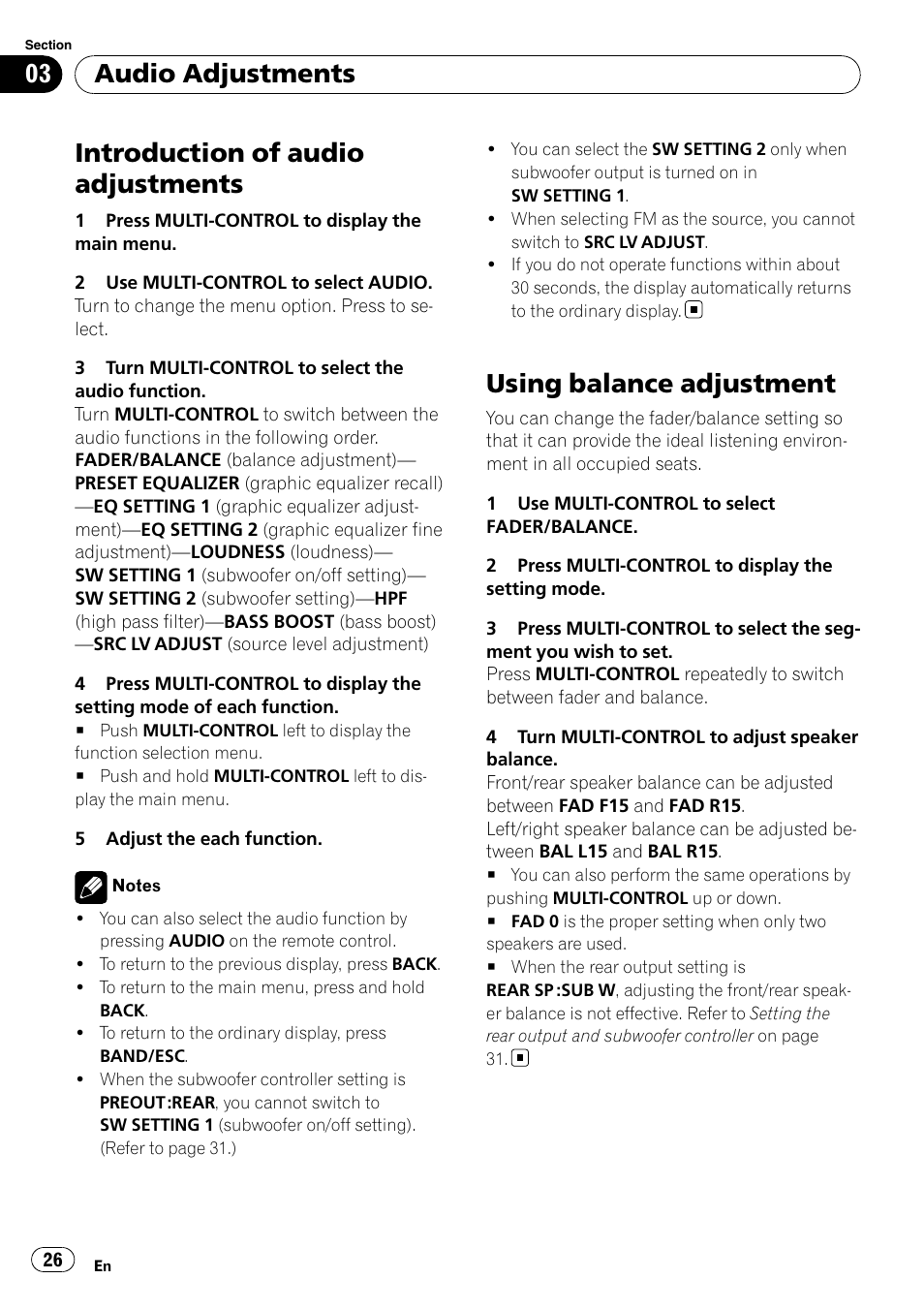 Using balance adjustment, Introduction of audio adjustments, Audio adjustments | Pioneer DEH-P6000UB User Manual | Page 26 / 120