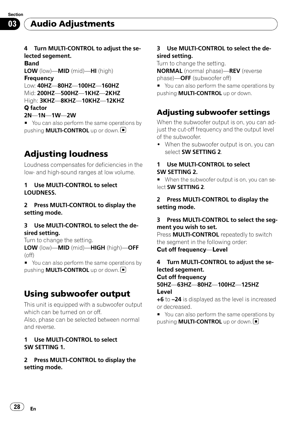 Adjusting loudness, Using subwoofer output, Adjusting subwoofer settings 28 | Audio adjustments, Adjusting subwoofer settings | Pioneer DEH-P6000UB User Manual | Page 28 / 120