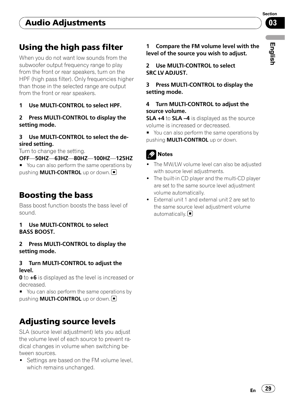 Using the high pass filter, Boosting the bass, Adjusting source levels | Audio adjustments | Pioneer DEH-P6000UB User Manual | Page 29 / 120