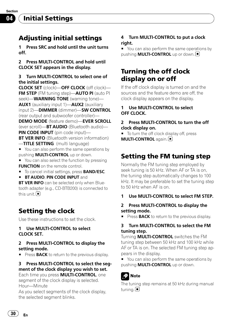 Initial settings adjusting initial settings, Setting the clock, Turning the off clock display on or off | Setting the fm tuning step, Adjusting initial settings, Initial settings | Pioneer DEH-P6000UB User Manual | Page 30 / 120