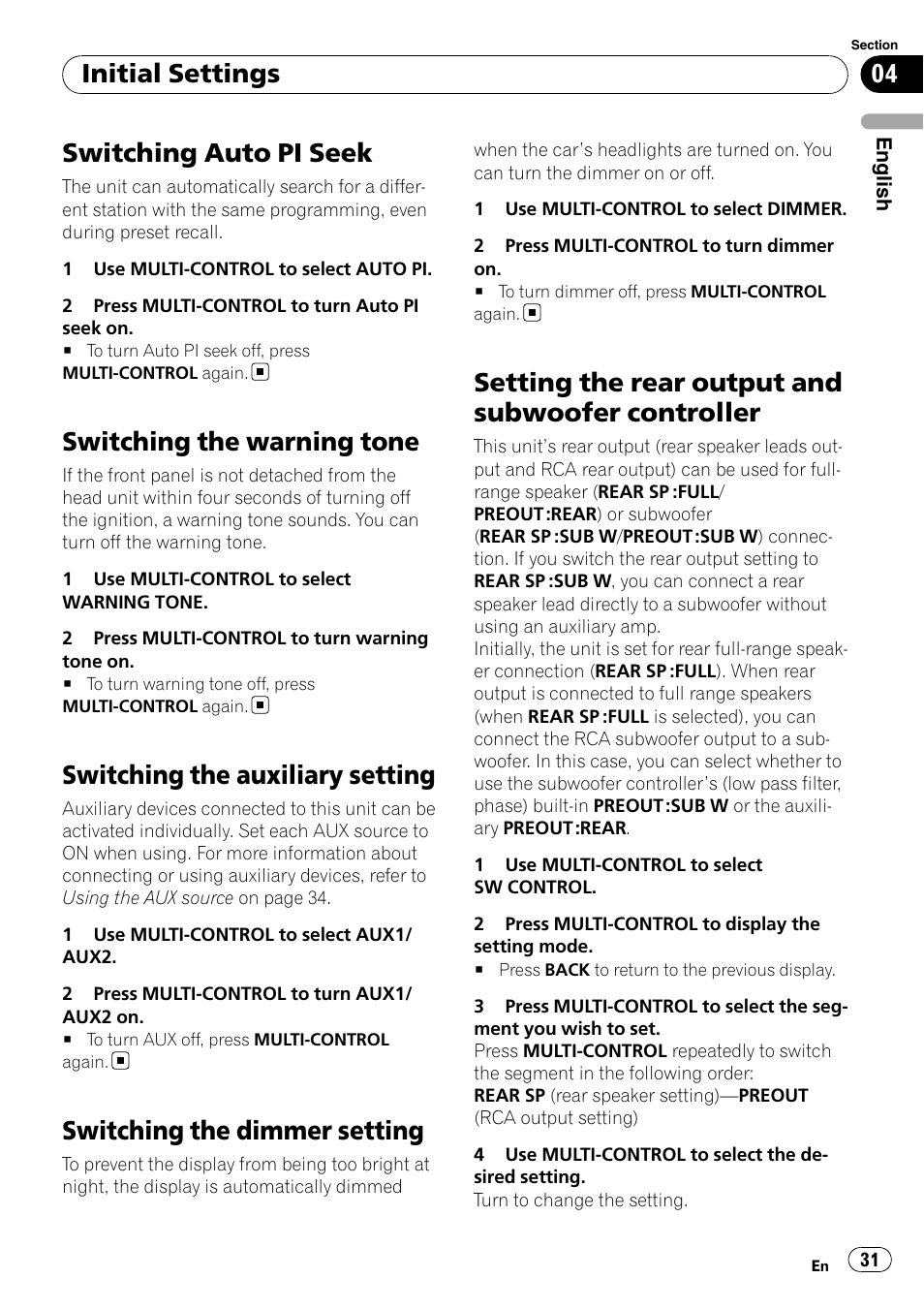 Switching auto pi seek, Switching the warning tone, Switching the auxiliary setting | Switching the dimmer setting, Setting the rear output and subwoofer, Controller, Setting the rear output and subwoofer controller, Initial settings | Pioneer DEH-P6000UB User Manual | Page 31 / 120
