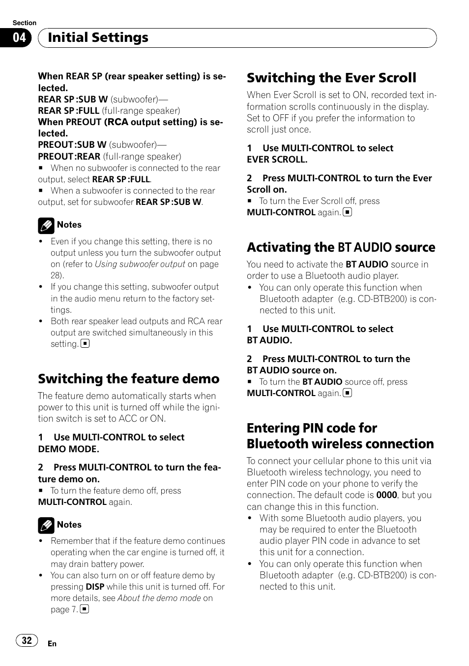 Switching the feature demo, Switching the ever scroll, Activating the bt audio source | Entering pin code for bluetooth wireless, Connection, Activating the, Bt audio source, Initial settings | Pioneer DEH-P6000UB User Manual | Page 32 / 120