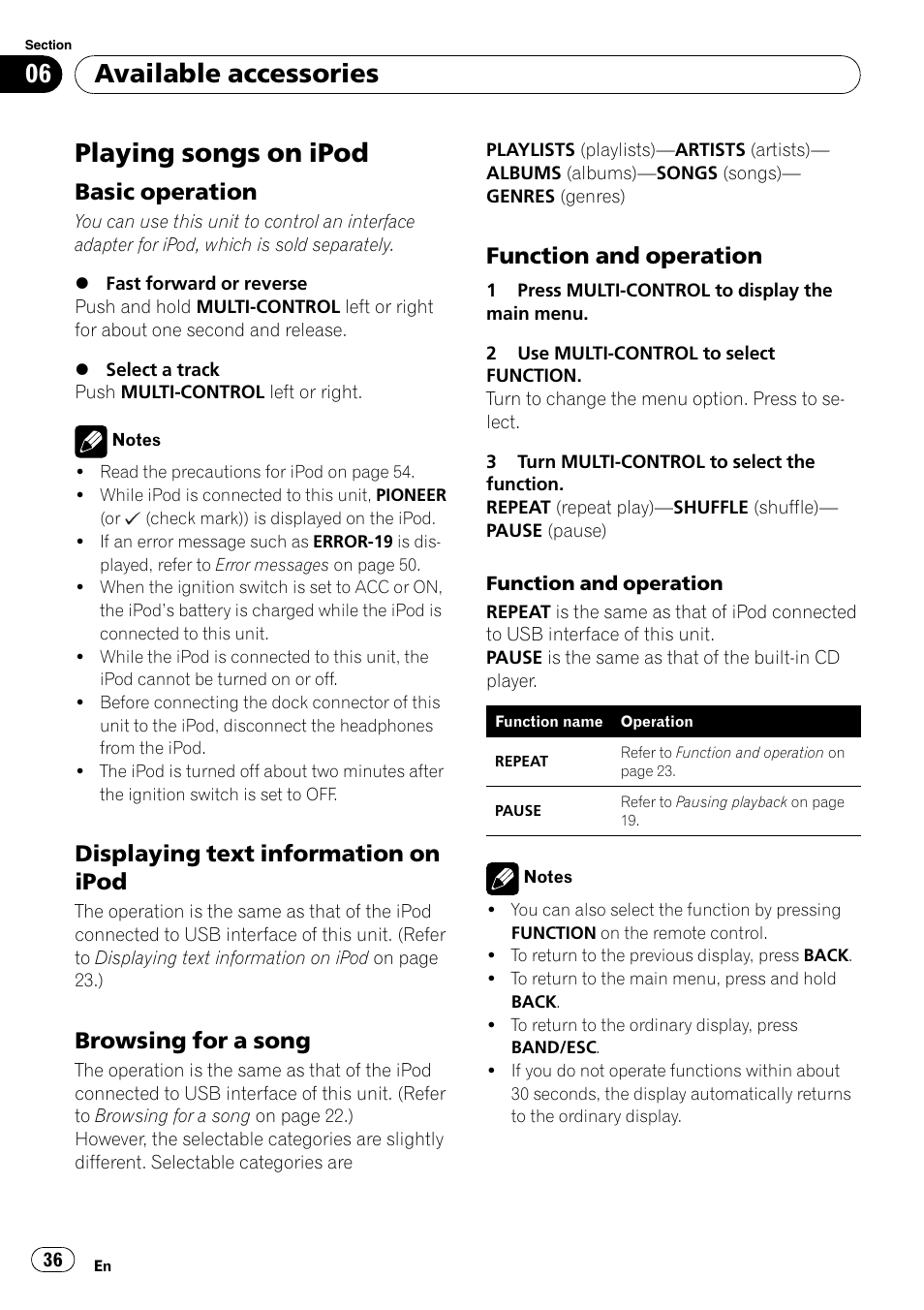 Available accessories playing songs on ipod, Basic operation 36, Displaying text information on | Ipod, Browsing for a song 36, Function and operation 36, Playing songs on ipod, Available accessories, Basic operation, Displaying text information on ipod | Pioneer DEH-P6000UB User Manual | Page 36 / 120