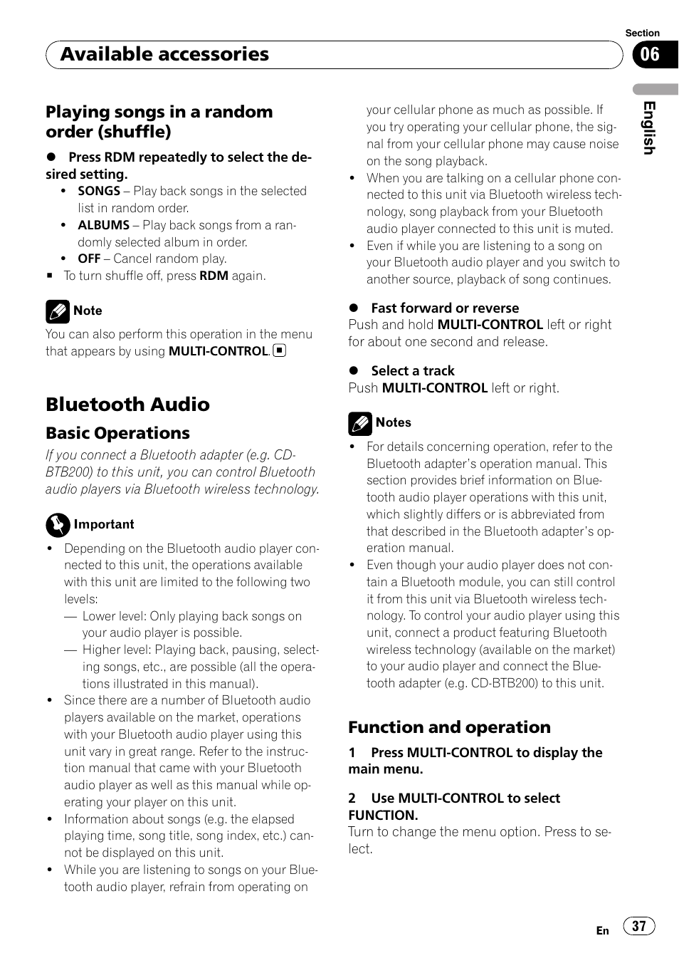 Playing songs in a random order, Shuffle), Bluetooth audio | Basic operations 37, Function and operation 37, Available accessories, Playing songs in a random order (shuffle), Basic operations, Function and operation | Pioneer DEH-P6000UB User Manual | Page 37 / 120