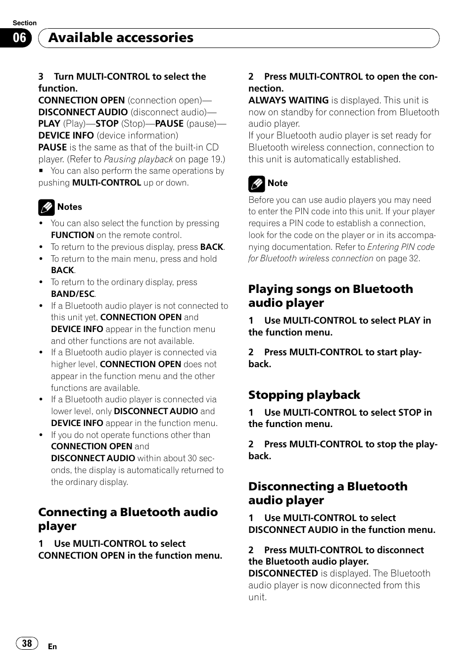 Connecting a bluetooth audio, Player, Playing songs on bluetooth audio | Stopping playback 38, Disconnecting a bluetooth audio, Available accessories, Connecting a bluetooth audio player, Playing songs on bluetooth audio player, Stopping playback, Disconnecting a bluetooth audio player | Pioneer DEH-P6000UB User Manual | Page 38 / 120