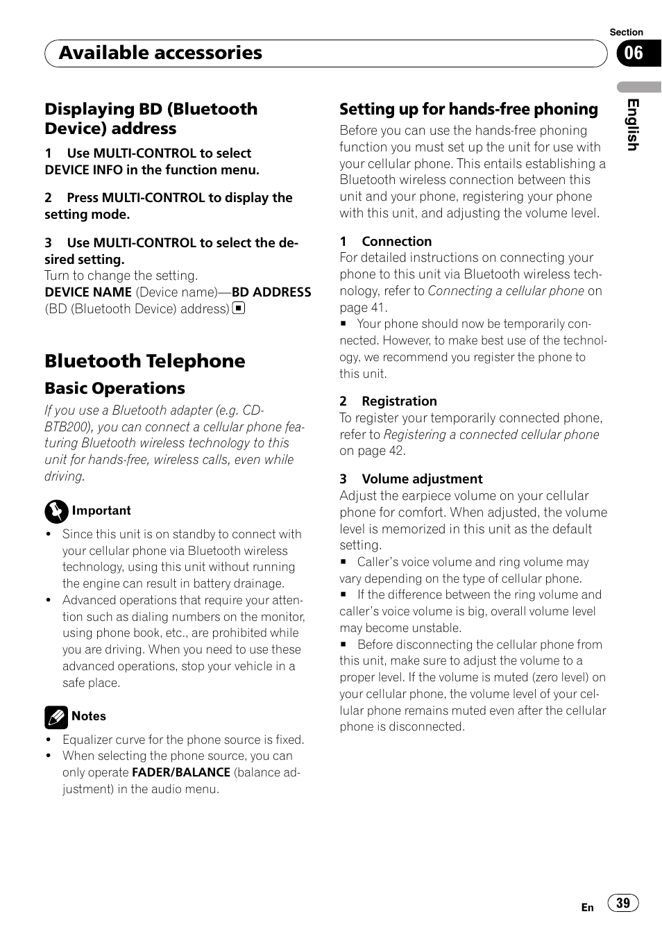 Displaying bd (bluetooth device), Address, Bluetooth telephone | Basic operations 39, Setting up for hands-free phoning 39, Available accessories, Displaying bd (bluetooth device) address, Basic operations, Setting up for hands-free phoning | Pioneer DEH-P6000UB User Manual | Page 39 / 120