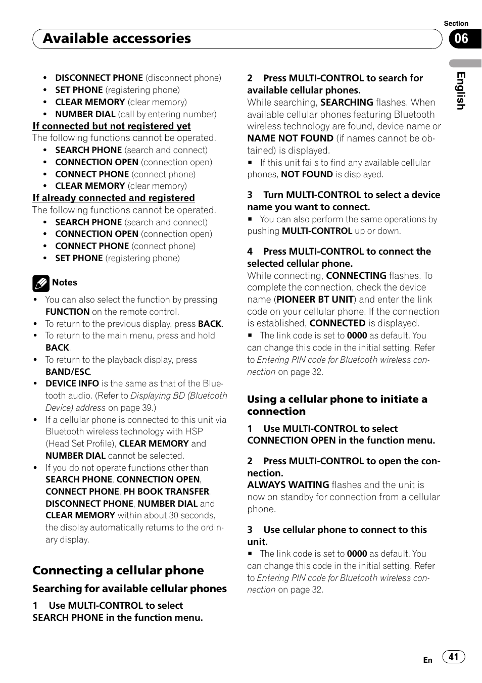 Connecting a cellular phone 41, Available accessories, Connecting a cellular phone | Pioneer DEH-P6000UB User Manual | Page 41 / 120