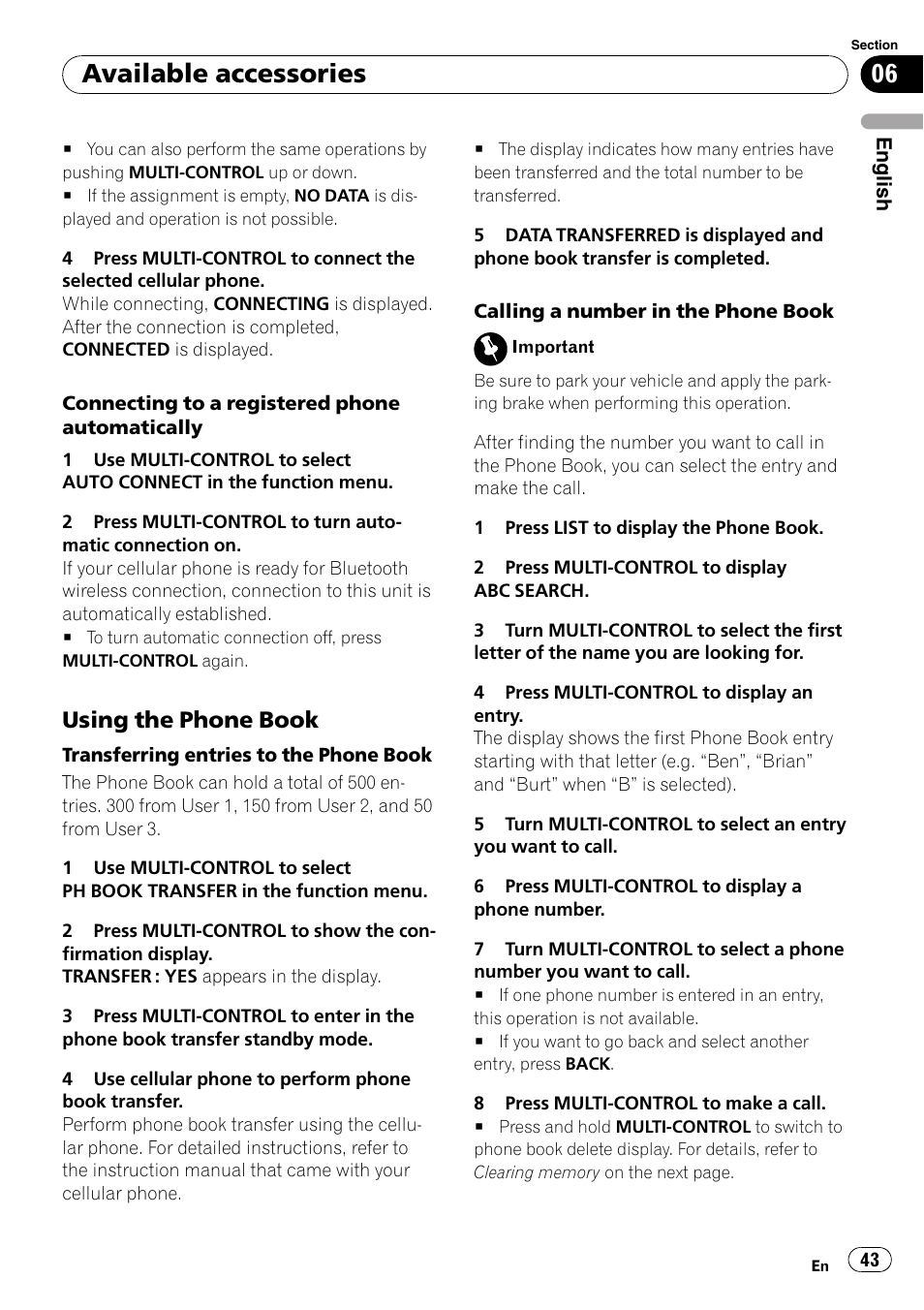 Using the phone book 43, Available accessories, Using the phone book | Pioneer DEH-P6000UB User Manual | Page 43 / 120