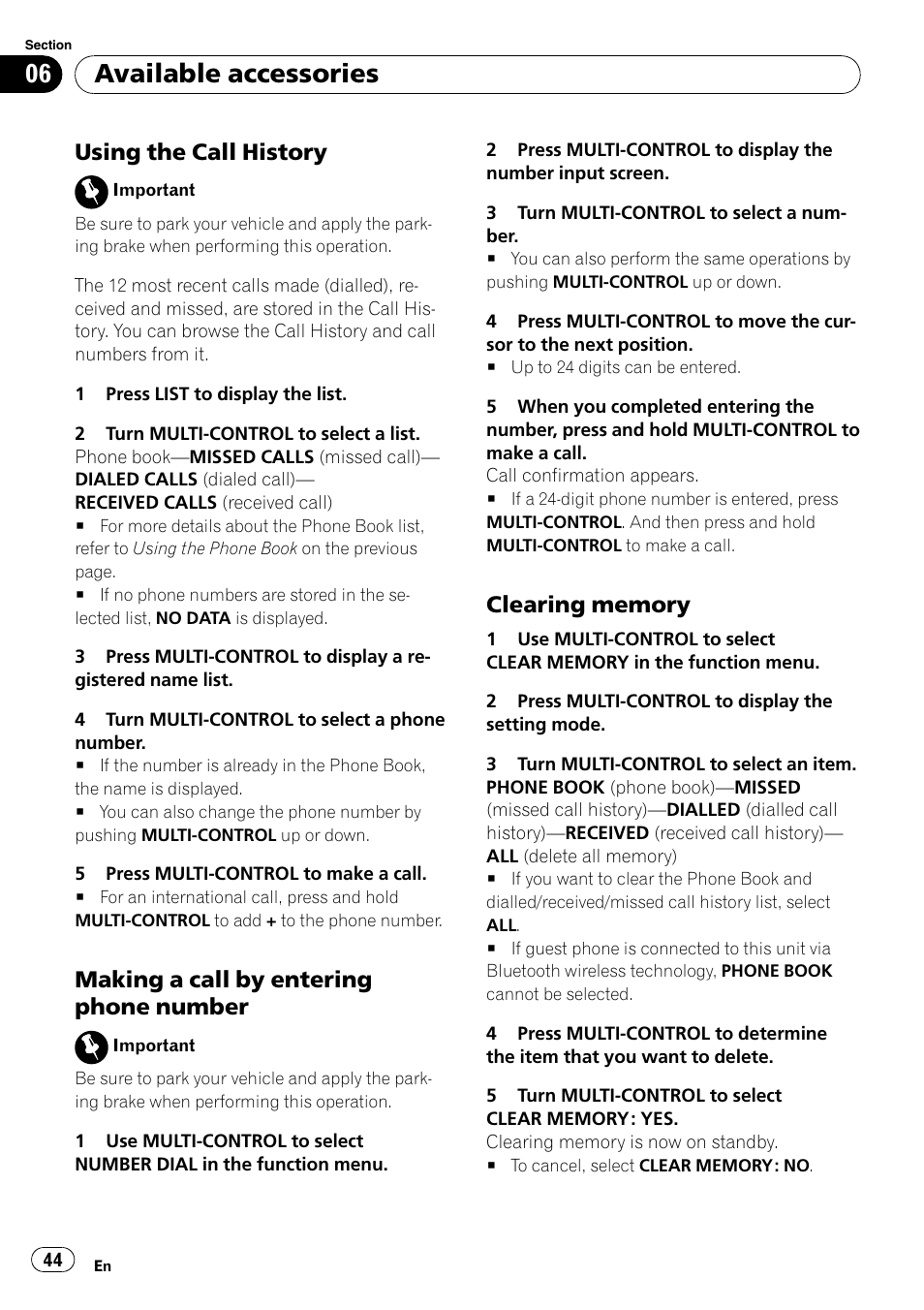 Using the call history 44, Making a call by entering phone, Number | Clearing memory 44, Available accessories, Using the call history, Making a call by entering phone number | Pioneer DEH-P6000UB User Manual | Page 44 / 120