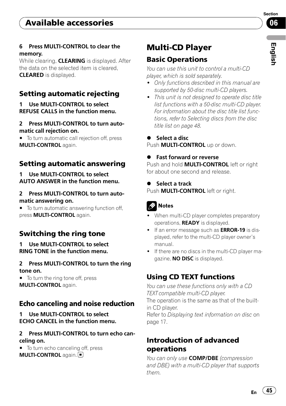 Setting automatic rejecting 45, Setting automatic answering 45, Switching the ring tone 45 | Echo canceling and noise, Reduction, Multi-cd player, Basic operations 45, Using cd text functions 45, Introduction of advanced, Operations | Pioneer DEH-P6000UB User Manual | Page 45 / 120