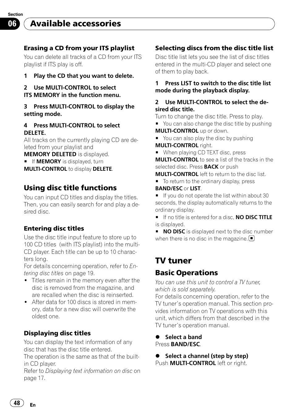 Using disc title functions 48, Tv tuner, Basic operations 48 | Available accessories, Using disc title functions, Basic operations | Pioneer DEH-P6000UB User Manual | Page 48 / 120